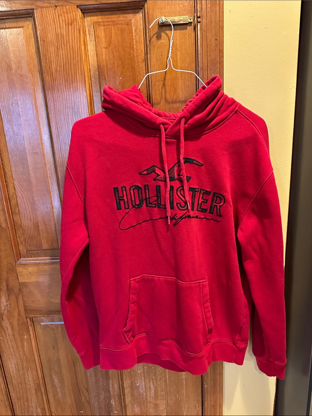 Hollister Red Men's Pullover Hoodie with Embroidered Logo